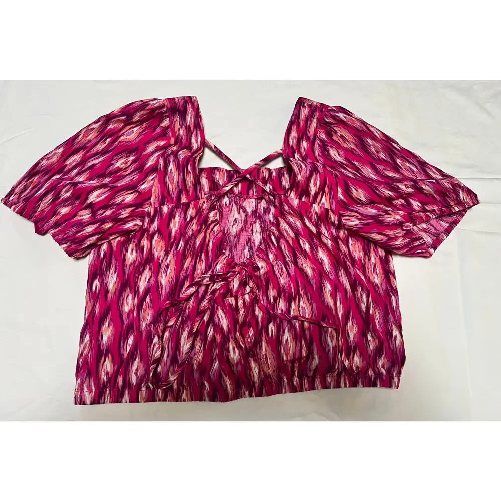 LOFT Womens Medium Pink Print Puff Sleeve Square Neck Tie Back Blouse NWT